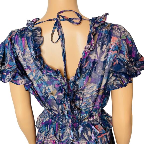 Rebecca Taylor Giverney Fleur Print Silk Blend Dress M Ruffled Cocktail Romantic - Picture 9 of 14